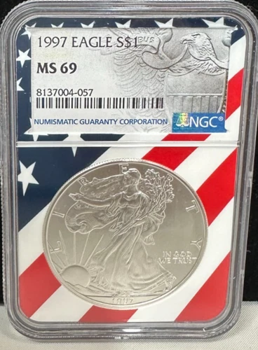 1997 $1 AMERICAN SILVER EAGLE NGC MS69 USA FLAG CORE HOLDER
