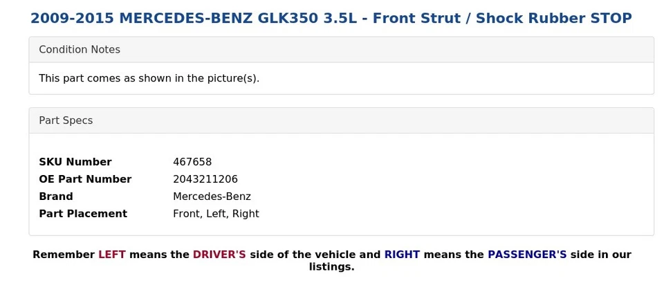 Mercedes-Benz GLK350 2009-2015 3,5 L - puntal delantero/parada de goma de amortiguador Foto 4 de 4