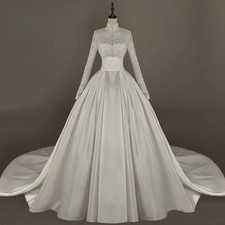 A-Line Satin High Neck Long Sleeves A Line Applique Vintage Princess Bridal Gown