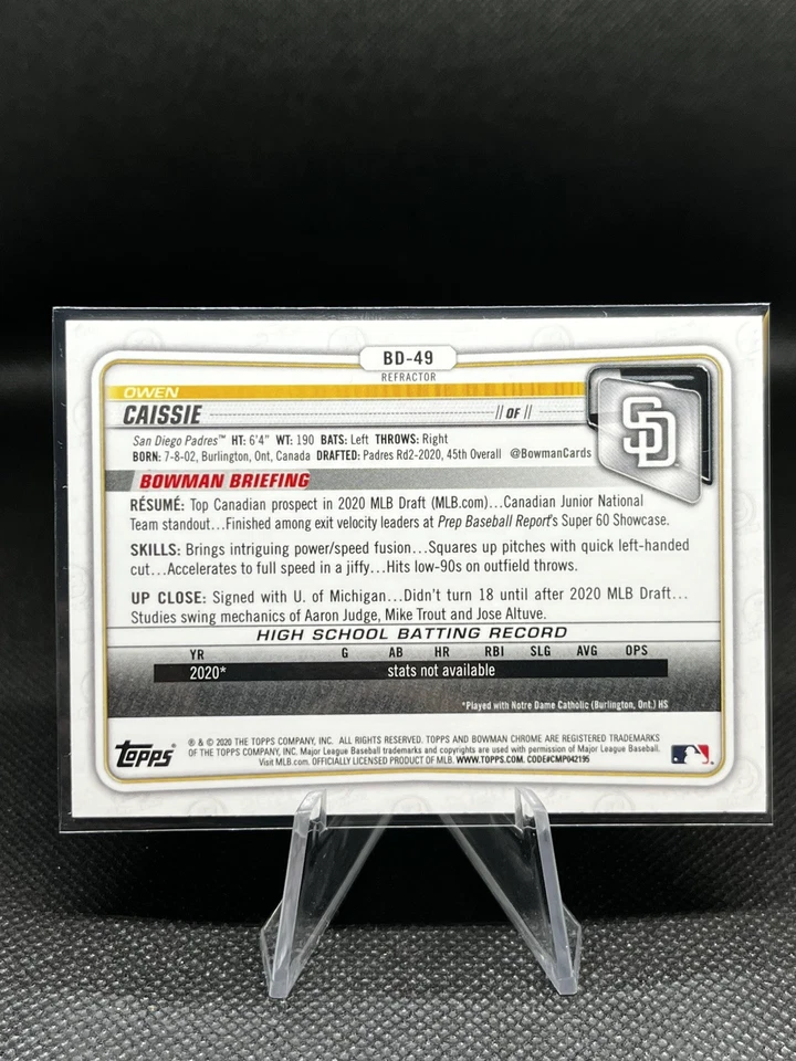 2020 Bowman Draft - Chrome Owen Caissie #BD-49 Refractor (RC) - Image 2 of 2