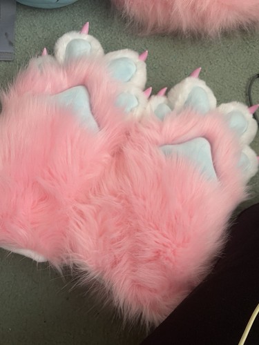 Furry Fursuit Pink Faux Fur Paws with Claws & Belt Tail