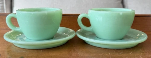 2 Sets Fire King Jadeite Restaurant Ware Oven Ware Coffee/Tea Cup & Saucer