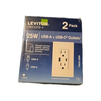 Leviton Decora Plus USB In-Wall charger Outlets - White, Pack of 2 BIN 14