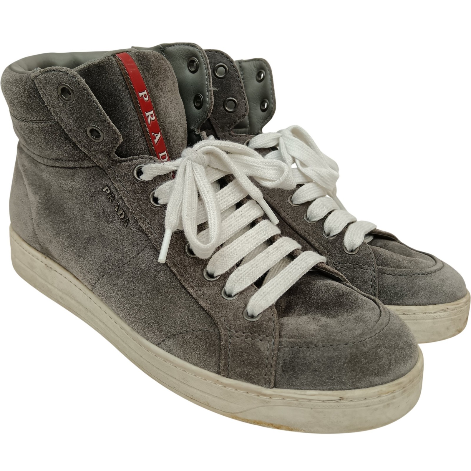 Prada Men's High Top Trainers Grey Suede Lace Up Zip Detail Preloved
