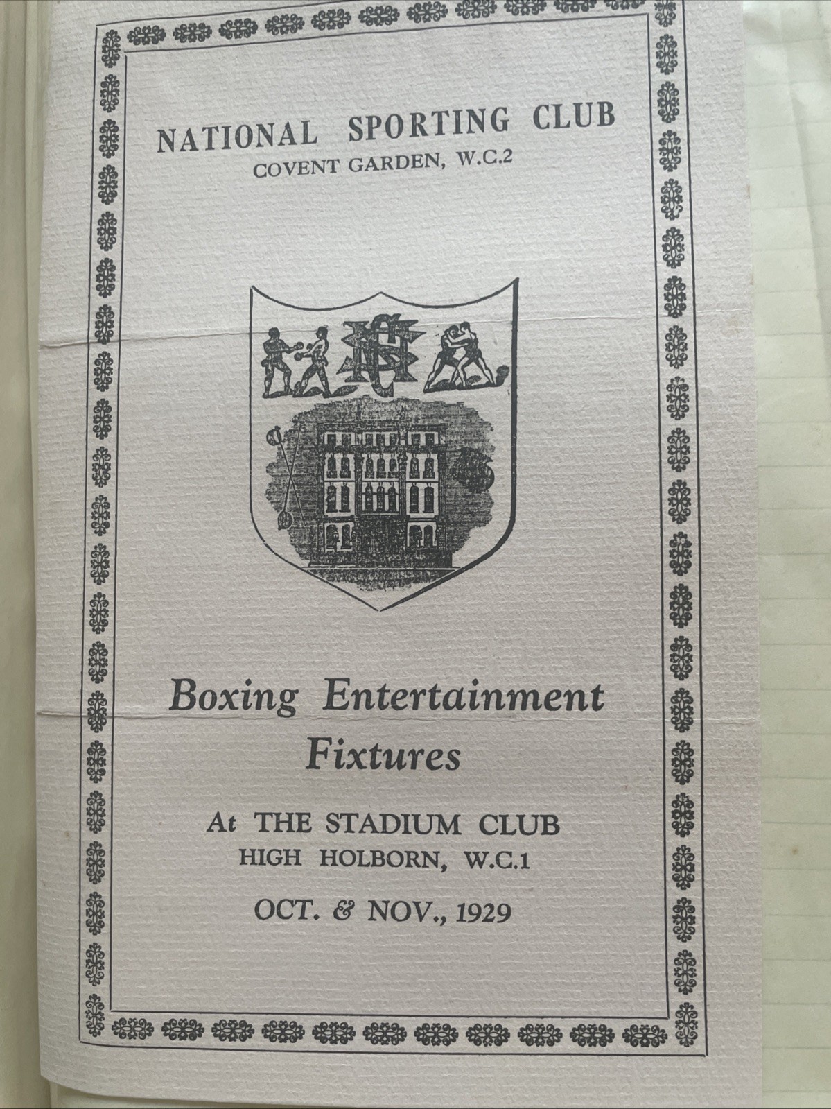 National Sporting Club Covent Garden Boxing Entertainment Fixtures 1929