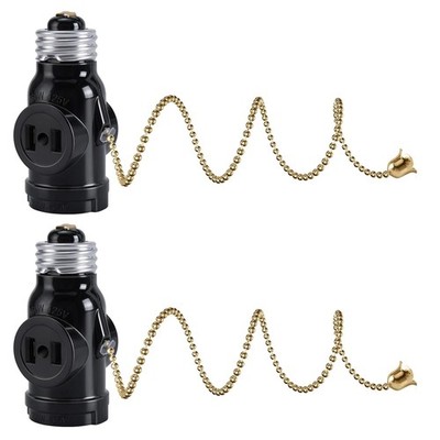 DiCUNO UL Listed E26 to 2 Polarized Outlet Socket Adapter, Pull Chain Black 