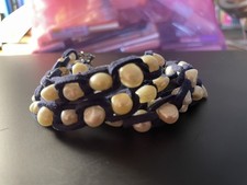 Chicos Bracelet Multi band Faux Pearl/Leather Strands Navy/White Magnetic Close