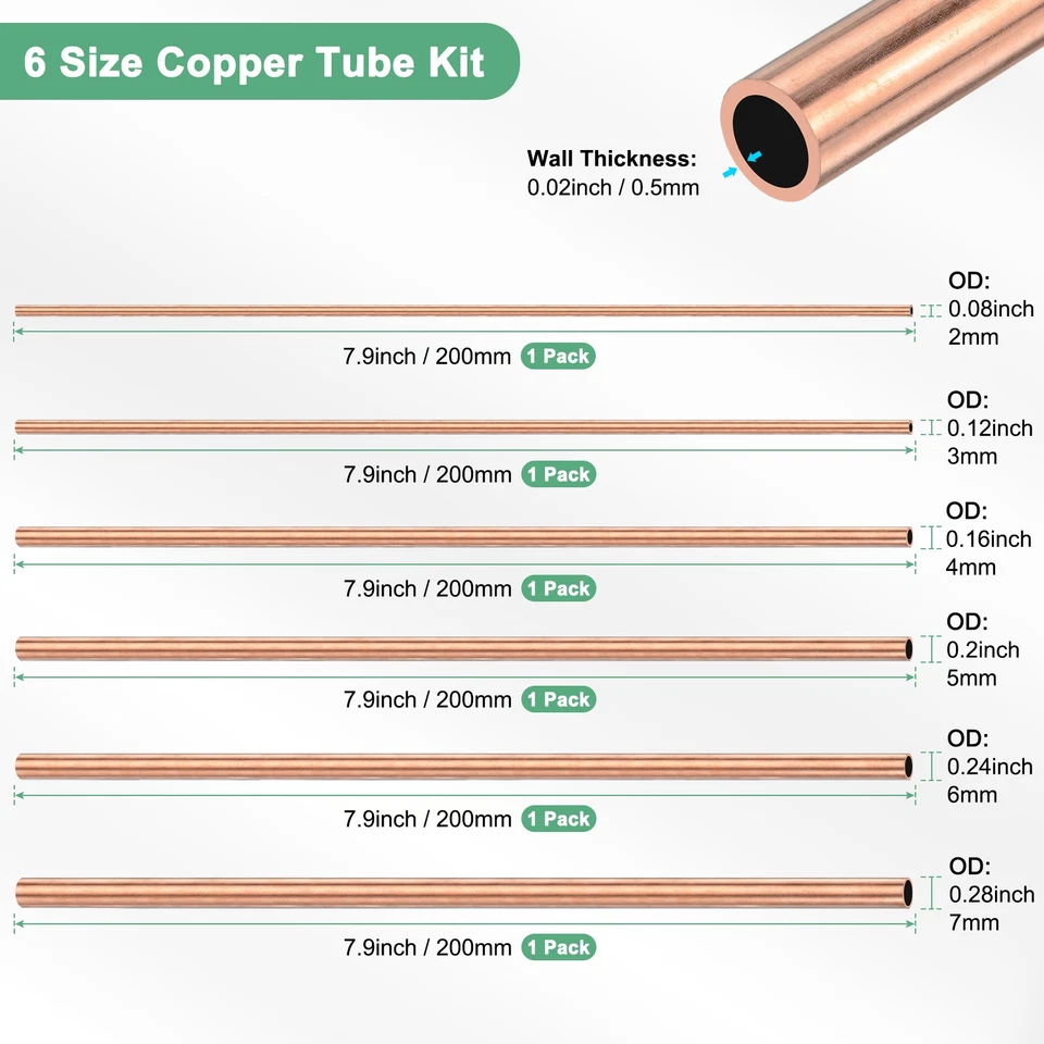 6 Pack Copper Round Tube, 2/3/4/5/6/7mm OD 0.5mm Thick 200mm Length Pipe - Image 3 of 4