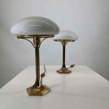 Pair Vintage Art Deco Mushroom Shape Table Lamp Brass & Milk Glass Shade