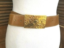 Anne Klein Leather Belt Etched Paisley 90s Vintage Florentine Buckle Signed 37"