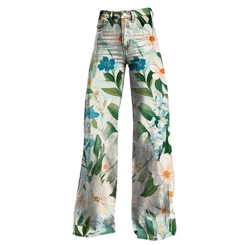 Wide Leg Pants Woman High Waist Floral Patterned Lightweight Loose Pants - Picture 9 of 27