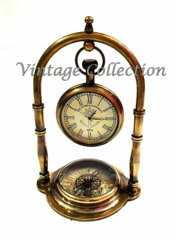 Antique Home Office Decor Clock Nautical Brass Desk Clock Victorian with Compass - Picture 1 of 4