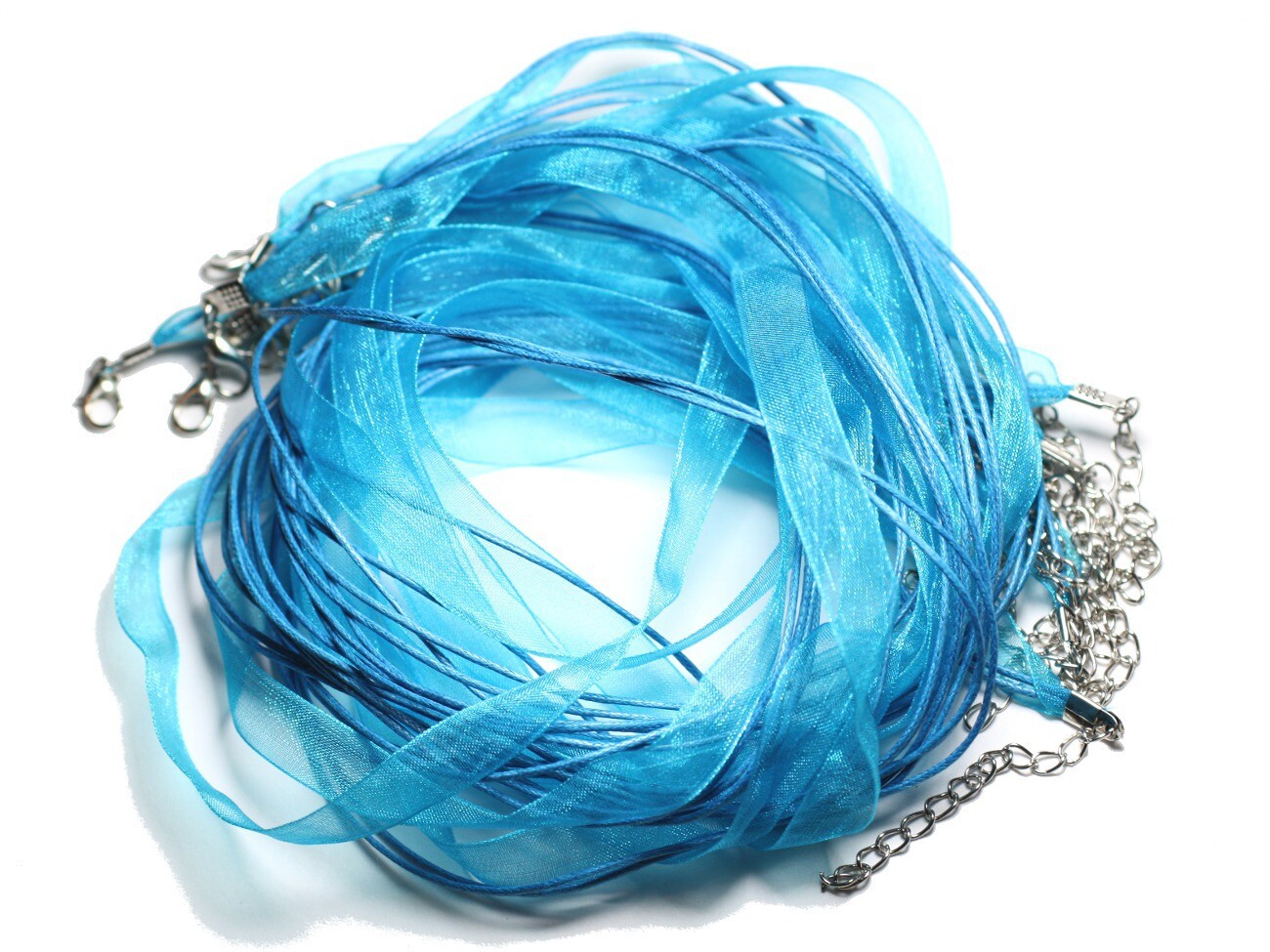 Colliers tours de cou bleu turquoise en coton et organza 47cm pour création de bijoux, lot de 100