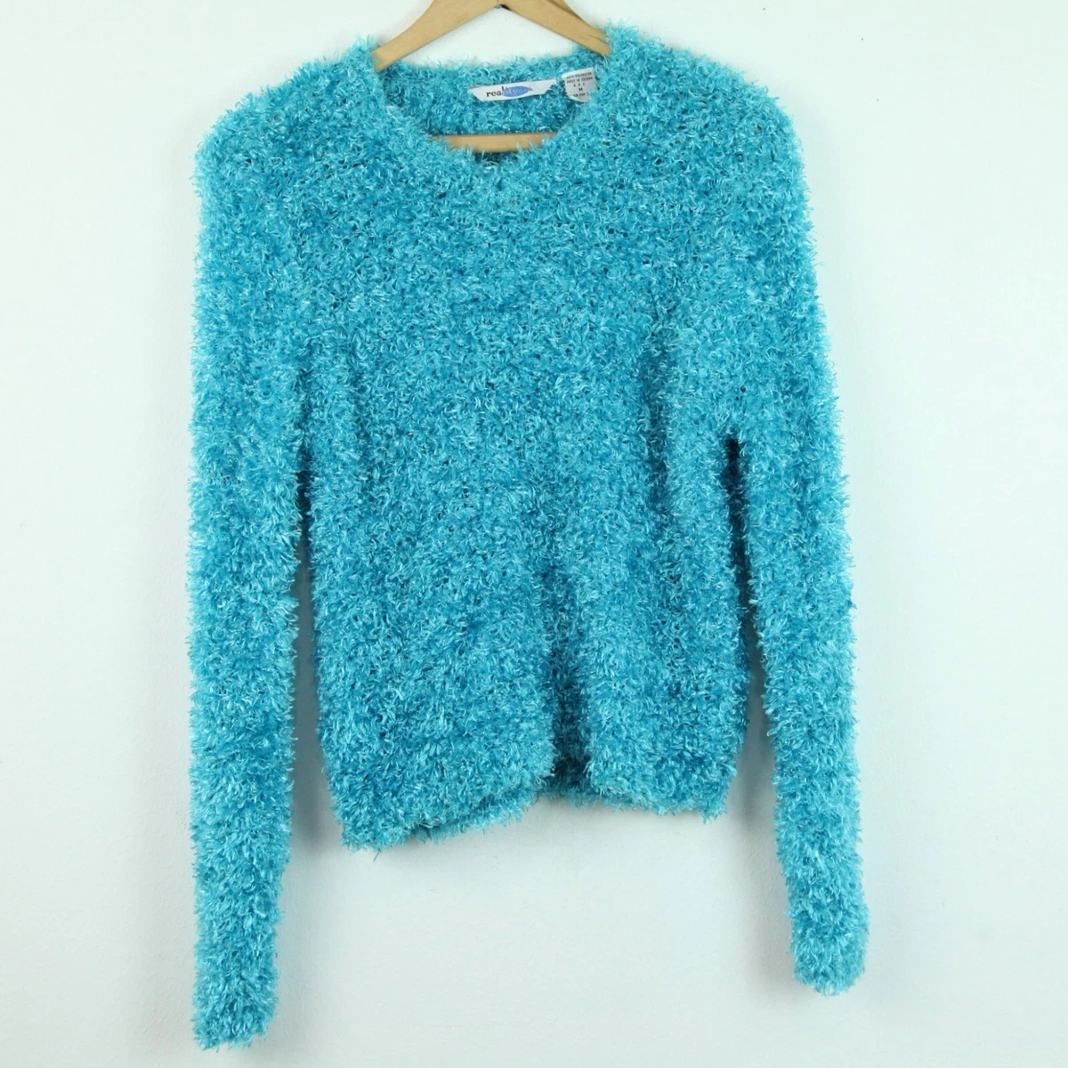 Vintage 90s Y2K Eyelash Sweater Bright Blue Fuzzy Long Sleeve M Pullover