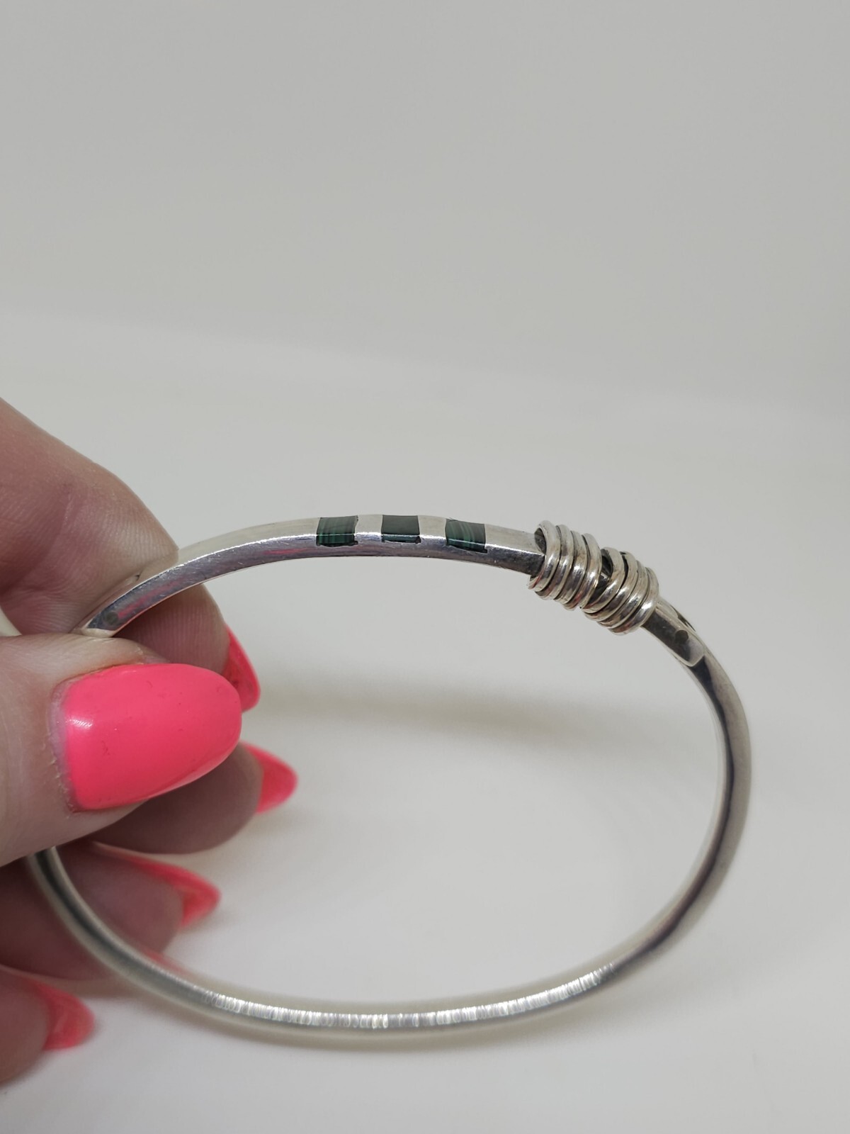 Sterling Silver Hinged Malachite Bangle Bracelet … - image 14