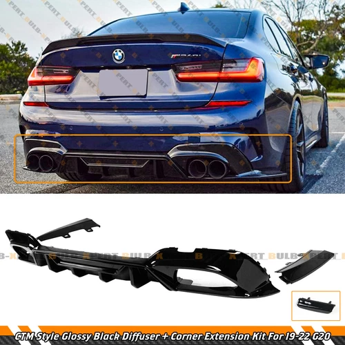 FOR 19-22 BMW G20 330i M340i CTM STYLE GLOSS BLACK REAR DIFFUSER W/ CORNER SPATS