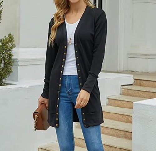 Cardigan Sweaters for Women Open Front Button Down Knit Ribbed, Black Size Large - Picture 2 of 5