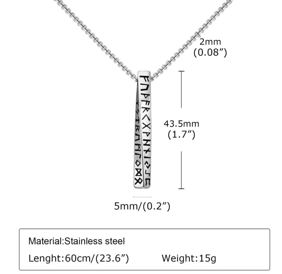 Men's Silver Stainless Steel Viking Rune Bar Pendant Necklace - Image 2 of 2