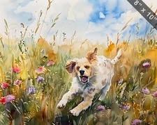 Dog running through a field of wild asters watercolor pa 8x10 Print