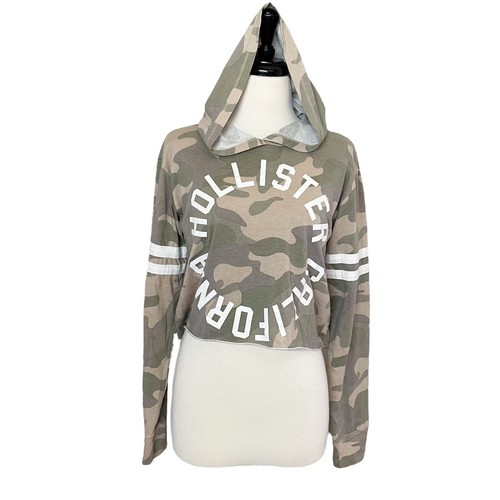 Hollister Womens / Juniors Camo Hooded Cropped Graphic Tee Size S Green Beige