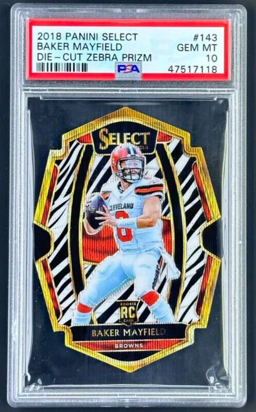 2018 Panini Select #143 Baker Mayfield Premier Level Die-Cut Zebra SSP PSA 10