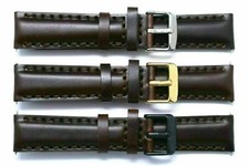20 22mm Brown Leather Thick Stitching Men Watch Strap Silver, Black, Gold Buckle