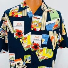 Box Office Island Hawaiian Aloha M Shirt Post Card Wahine Surf Boards Tropical