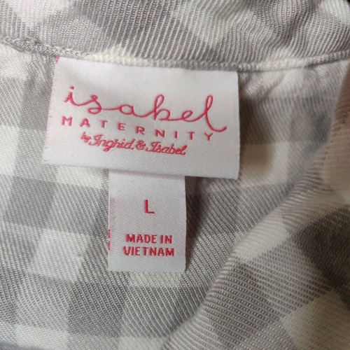 Isabel Maternity women's L shirt gray/white checked collar button up long sleeve - Picture 4 of 5