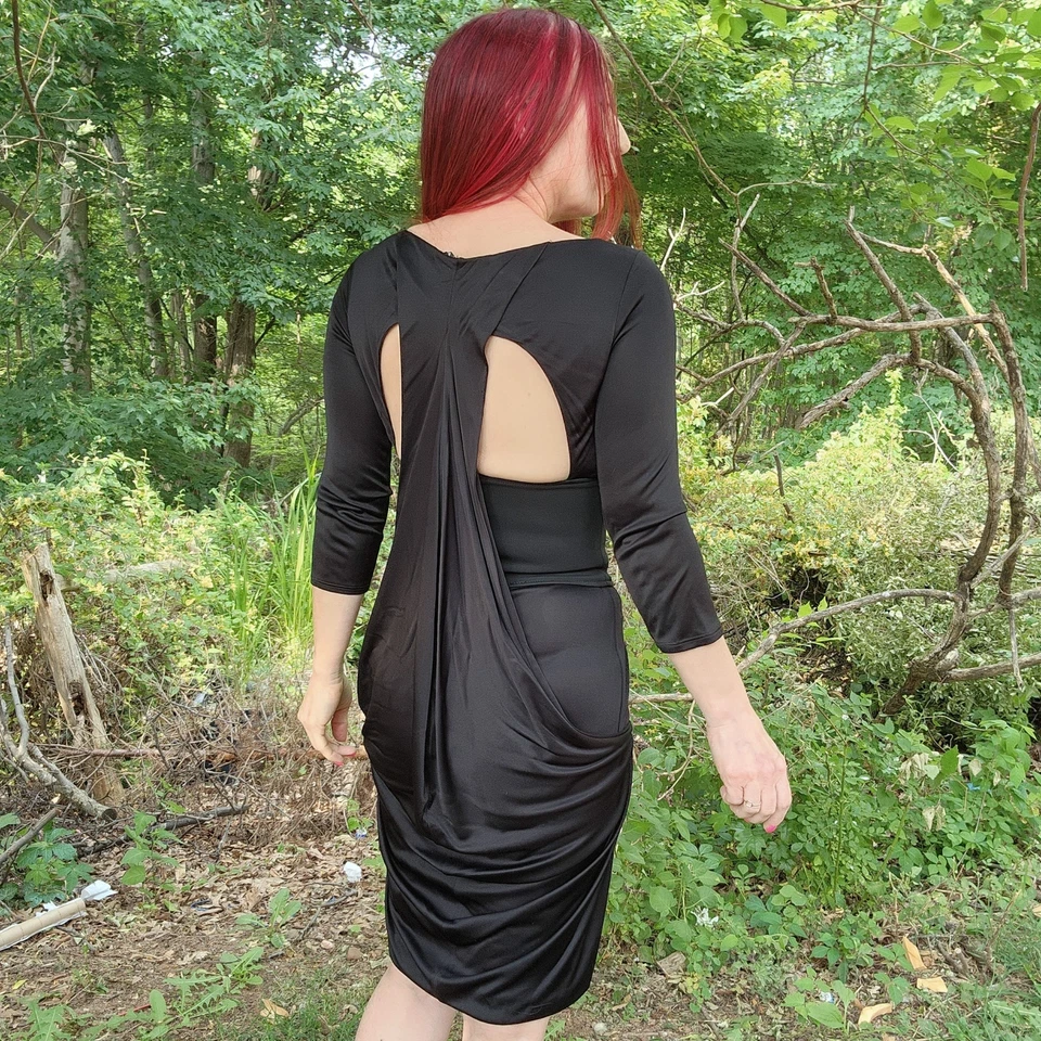 Vestido ALESSANDRO DELL'ACQUA Negro Drapeado Corte Vendaje Cintura Talla 40/4 Foto 2 de 4