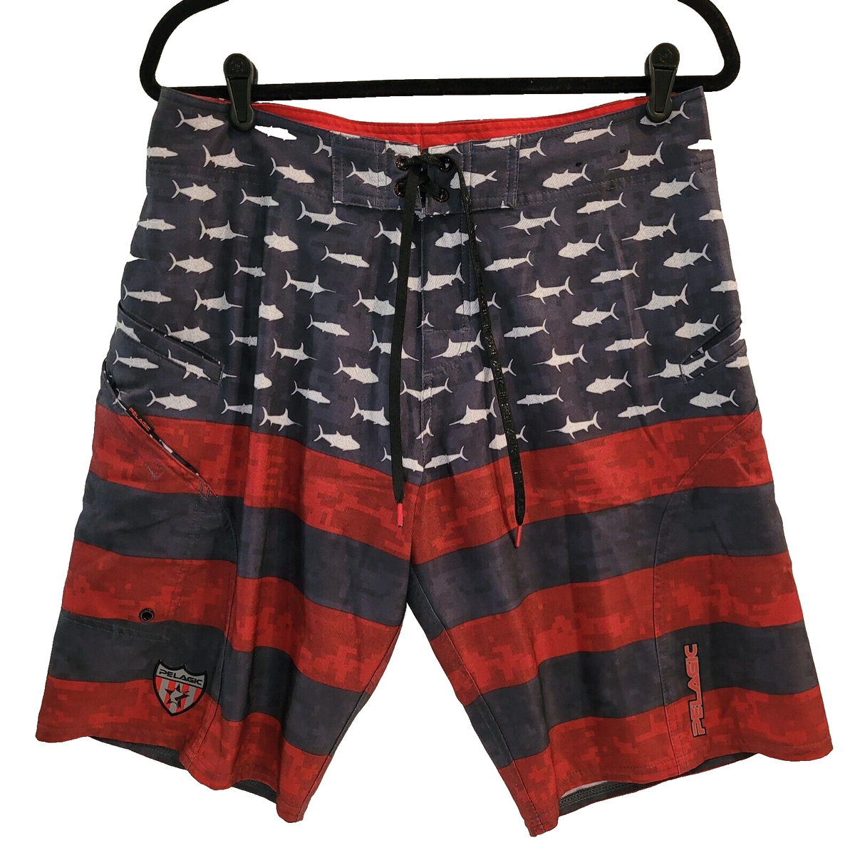 Pelagic Sharkskin Boardshorts Americamo Mens 32 Swim Fish Flag Camo Trunks  Short