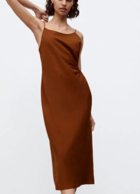 ZARA Cutout Linen Blend Midi Dress Womens Size XL Brown
