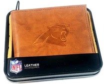 CAROLINA PANTHERS Embossed 100% Leather Billfold Leather Wallet Tin Gift Box