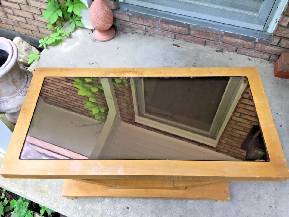 antique art deco coffee table peach mirror top MCM hollywood regency vintage 40s - Image 2 of 4