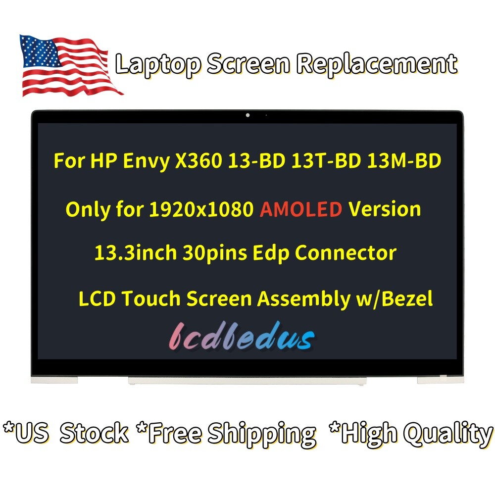 GBOLE Screen Replacement For HP Envy X360 13m-bd1033dx 13.3" LCD Laptop LED Display Digitizer Panel 1920X1080 40 Pins 60Hz Only For Touch Screen