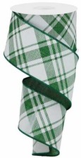 Diagonal Stripe/Multi Check Ribbon, St Patrick's Day, White/Emerald Green, Wired