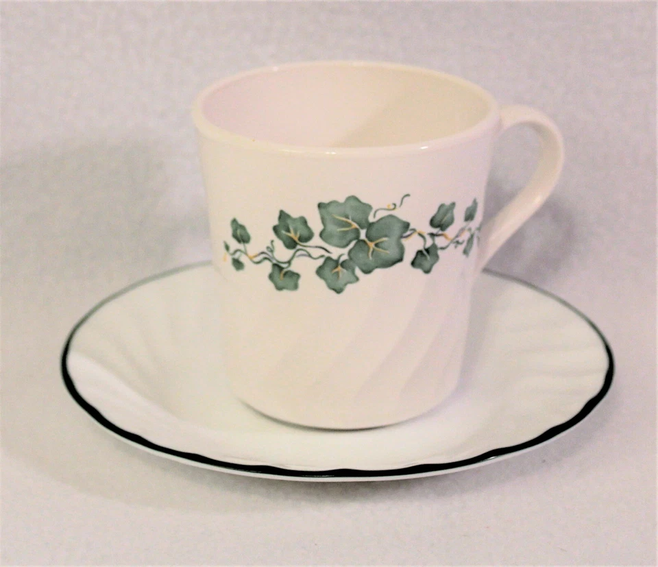 Set of 3 Corelle Callaway Tea Cofffee Cup and Saucers Green Ivy White Swirl 8oz - Image 2 of 4