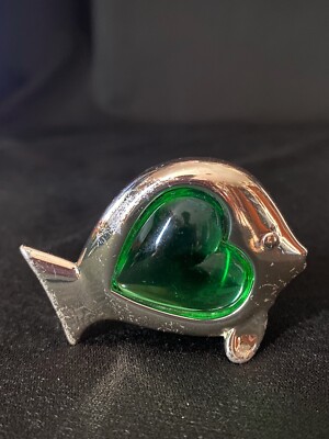 Vintage Christofle France Green Cabachon Heart Silver Plate Fish Figurine As Is
