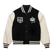 Los Angeles Kings Black Body White Leather Sleeves Jacket Men Size M