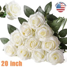 20 Artificial White Roses Fake Flower Silk with Single Stems Real Touch Gift US