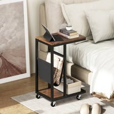 C-shaped Side Table 2-tier Sofa Couch Table w/ Canvas Storage Pouch Brown