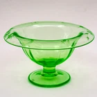 Green uranium depression glass pedestal bowl with etched floral rim, 6.5 in wide