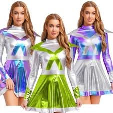 Women Catsuit Astronaut Uniform Party Dress Long Sleeve Costume Shiny Clubwear