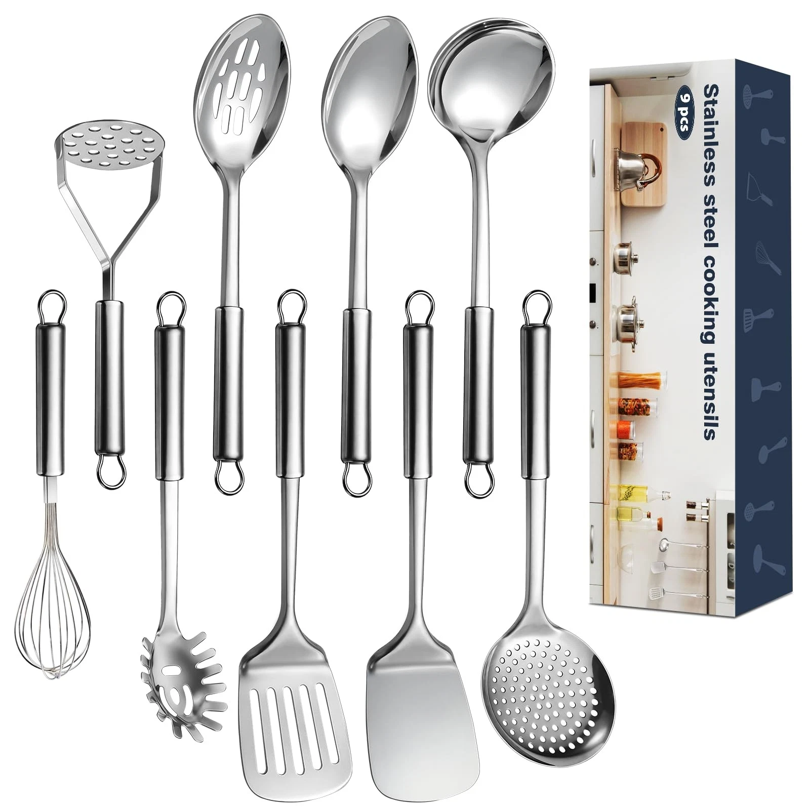9 Pcs Cooking Utensils Set, Stainless Steel Kitchen Utensils, A. 9 Pieces