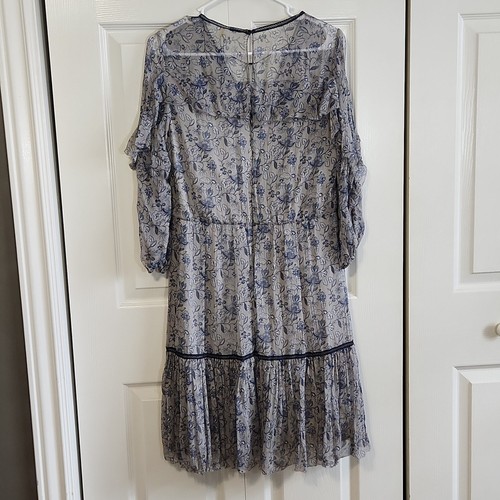 Elie Tahari Women's Silk Gray Blue Lace Ruffle Peekaboo Sleeve Dress Size 8 NWT - Picture 2 of 16