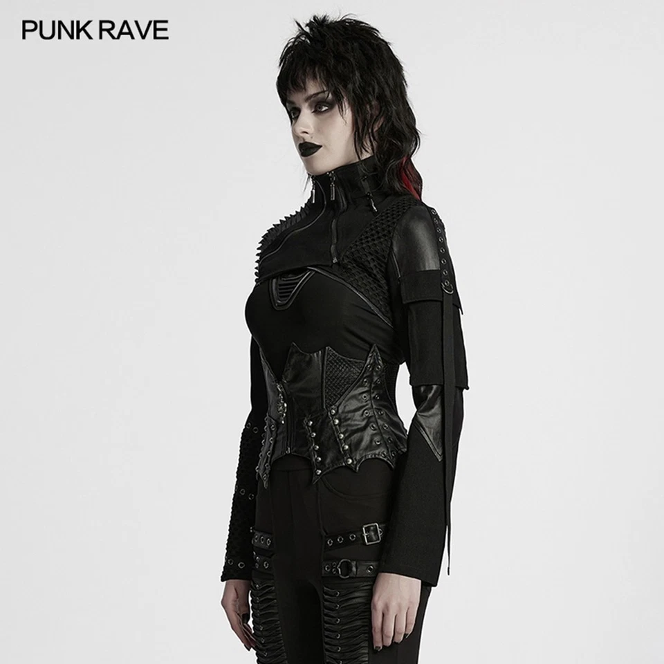 Punk Rave Women Black Gothic Punk Cropped Short Motorcycle Jacket Slim Fit Coat - Image 2 of 4