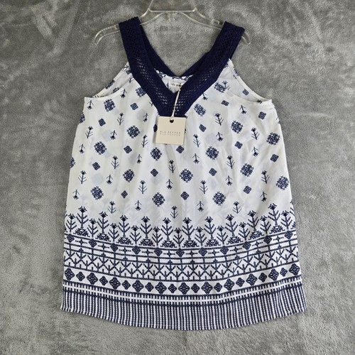 Blu Pepper Tank Top Womens Small white Navy Blue Patterned Crochet Halter NEW