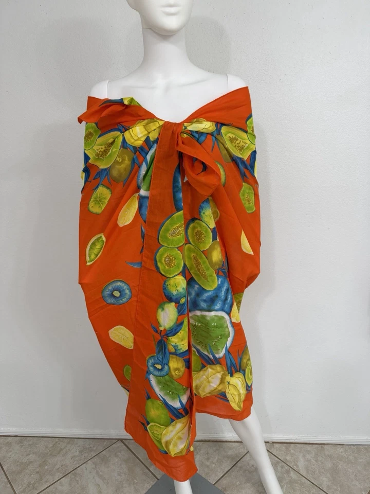 Saks 5th Avenue Cotton Shawl Scarf Pareo Orange W Blue Made Italy 55” x 75” - Image 2 of 4