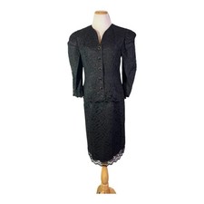Vintage 80s Size 10 Black Lace Skirt Suit Shoulder Pads