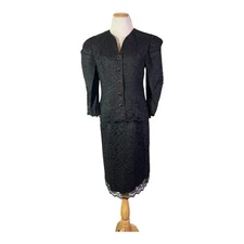 Vintage 80s Size 10 Black Lace Skirt Suit Shoulder Pads