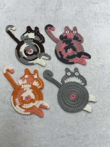 Colorful Prismoria Handmade Crochet Cat Butt Coasters Set Of 4 Home or Office